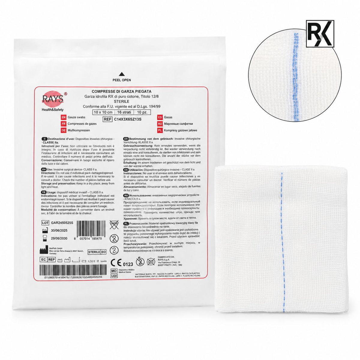 Garza di cotone con RX 16 strati (10cmx10cm) sterile - RAYS - ALMAMED